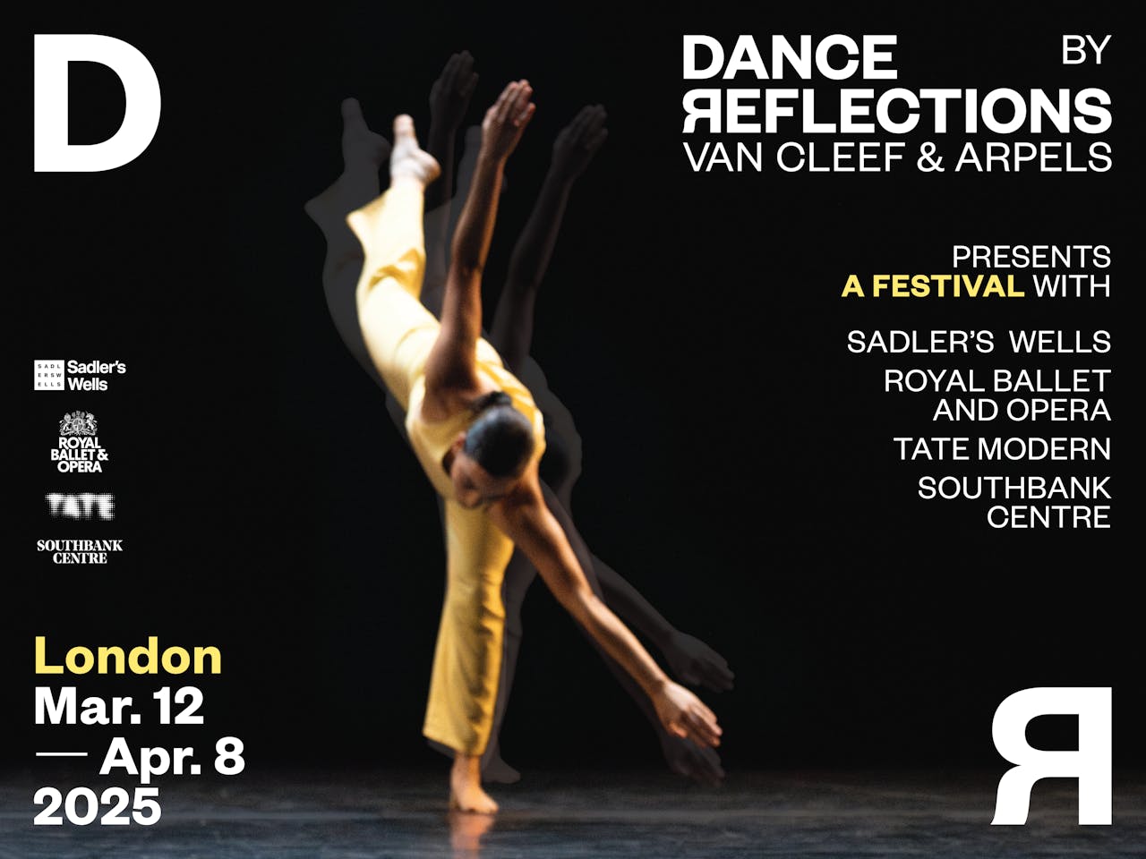 A dancer creates a shape with their body - they lean forward on one lef, the other leg is raised upwards towards the sky, both arms make an A shape.